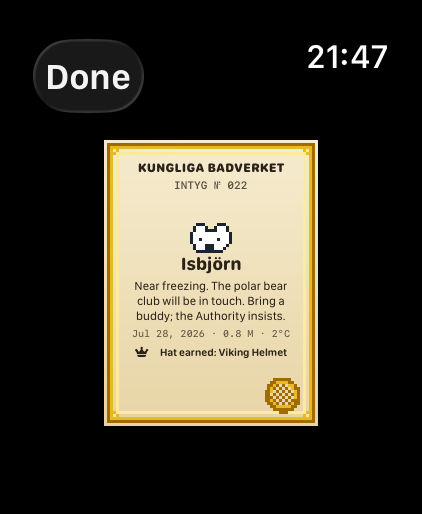 A pixel-art achievement certificate from Kungliga Badverket